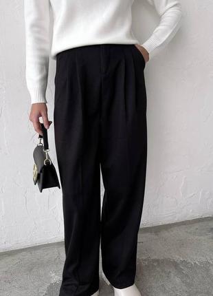 Штани брюки жіночі базові чорні бежеві палаццо широкі кльош теплі коричневі повсякденні зимові на зиму ділові нарядні з високою посадкою6 фото