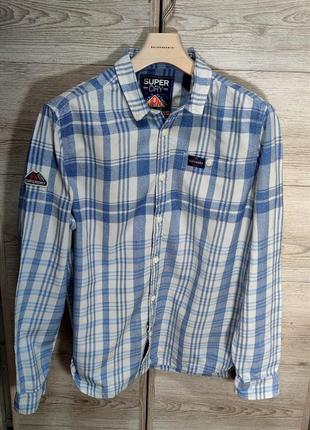 Мужская плотная хлопковая рубашка superdry в синьо-белом цвете размер  xl, 2xl