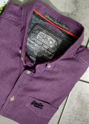 Мужская элегантная приталиная хлопоковая  винтажная  рубашка superdry casual  в сиреневом цвете размер м4 фото