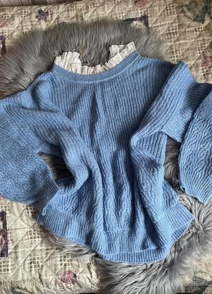 Кофта свитер вязаная , кофта небесного цвета , кофта свитер голубого цвета с воротником4 фото