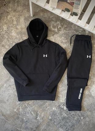 Зимний спортивный костюм under armour с начесом черный худи + черные брюки