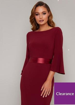 Chi chi london платье бордовое бордо винное бургунди миди с поясом новое по фигуре с рукавом