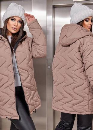 Куртка пальто женская теплая зимняя на зиму базовая с капюшоном утепленная стеганная черная бежевая коричневая зеленая пуховик батал больших размеров длинная4 фото