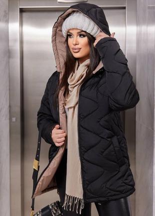 Куртка пальто жіноча тепла зимова на зиму базова з капюшоном утеплена стьоьана чорна бежева коричнева зелена пуховик батал великих розмірів довга