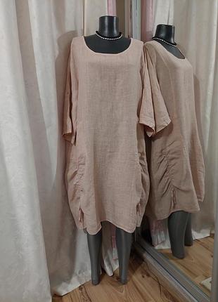 💯% льняное с карманами платье 👗 большого размера италия