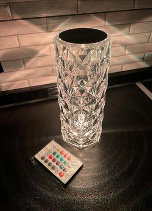 Настольная аккумуляторная лампа с пультом 22см ночник роза с пультом rgb crystal rose.10 фото
