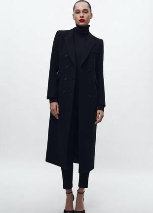 Двубортное черное шерстяное пальто zara new