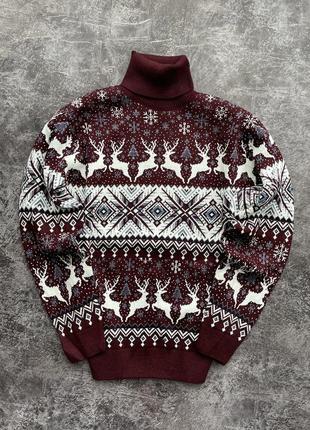 Мужской новогодний свитер с оленями "new deer" бордовый, под шею, размер m