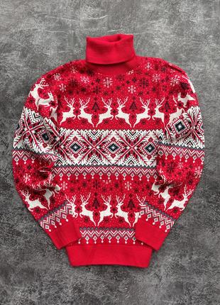 Мужской новогодний свитер с оленями "new deer" красный, под шею, размер l