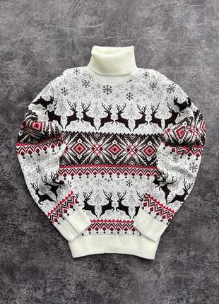 Мужской новогодний свитер с оленями "new deer" белый, под шею, размер m
