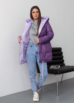 Фиолетово-сиреневая двусторонняя куртка с капюшоном1 фото