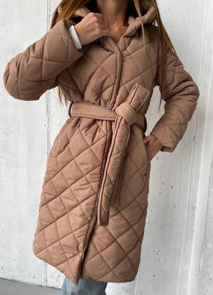 Теплое зимнее стильное женское трендовое пальто с поясом зима ❄