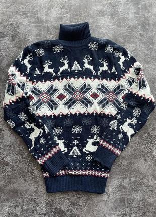 Мужской новогодний свитер с оленями "deer pattern" тёмно-синий, под шею, размер м