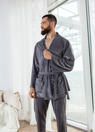 Велюрова піжама домашній костюм з кофтою на запах з поясом з кішенями з вільними штанами одяг для дому3 фото