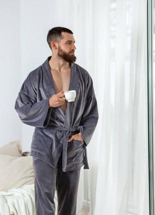 Велюрова піжама домашній костюм з кофтою на запах з поясом з кішенями з вільними штанами одяг для дому4 фото