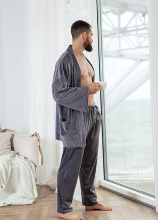 Велюрова піжама домашній костюм з кофтою на запах з поясом з кішенями з вільними штанами одяг для дому2 фото