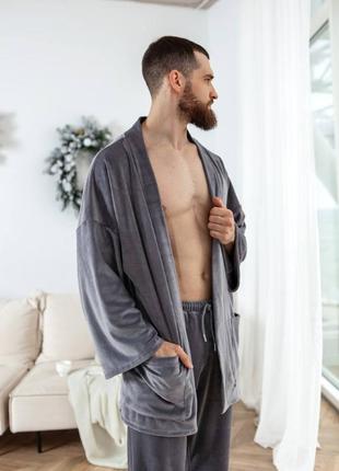 Велюрова піжама домашній костюм з кофтою на запах з поясом з кішенями з вільними штанами одяг для дому5 фото