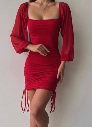 Жіноча червона яскрава міні-сукня із затяжками, вечірнє плаття на вихід4 фото