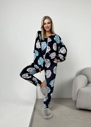 Тепла плюшева піжама з принтом листочків з кофтою кажан на блискавці з штанами одяг для дому домашній костюм1 фото