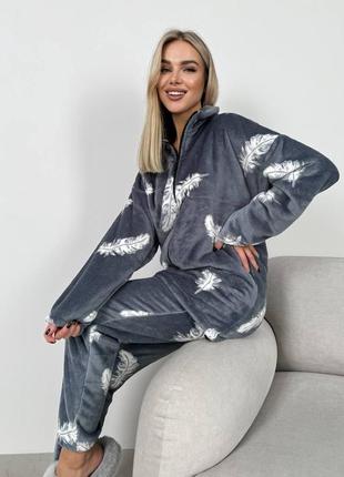 Жіноча тепла махрова піжама, теплий м'який домашній костюм махра2 фото