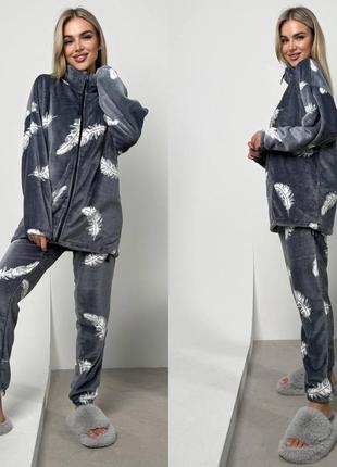 Жіноча тепла махрова піжама, теплий м'який домашній костюм махра4 фото