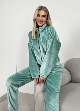 Теплая плюшевая пижама с кофтой на молнии низ кофты с кулиской с брюками одежда для дома домашний костюм