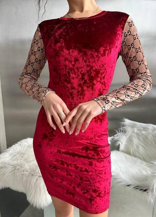 Женское велюровое мини платье красное в стиле гуччи, красное короткое платье