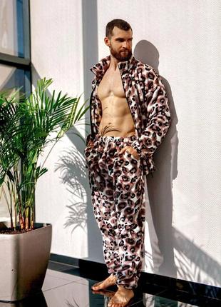 Теплая плюшевая пижама с принтом ягуар с кофтой на молнии низ кофты с кулиской с брюками одежда для дома домашний костюм3 фото