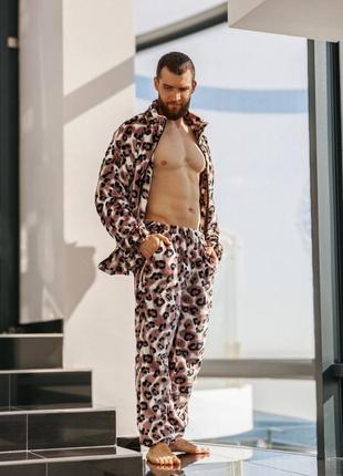 Теплая плюшевая пижама с принтом ягуар с кофтой на молнии низ кофты с кулиской с брюками одежда для дома домашний костюм2 фото