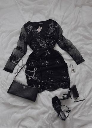 Шикарное платье в пайетки с сеткой праздничное черное платье3 фото