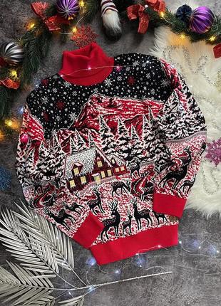 Мужской новогодний свитер с оленями "snowy forest" красный, под шею, размер m