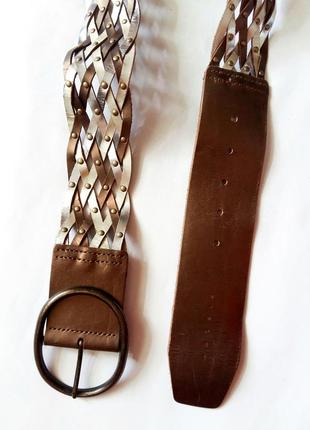 Кожаный коричневый плетеный ремень sisley с большой пряжкой2 фото