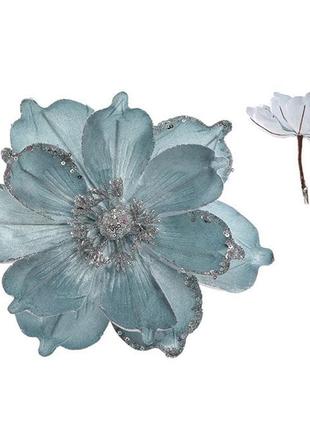 Цветок новогодний бархатистый магнолия на прищепке голубой1 фото