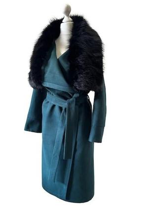 Элегантное зеленое пальто без подкладки с воротником из натурального меха лисы 46 ro-27032