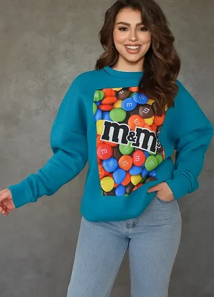 Утеплене худі оверсайз з принтом m&ms / светр на флісі