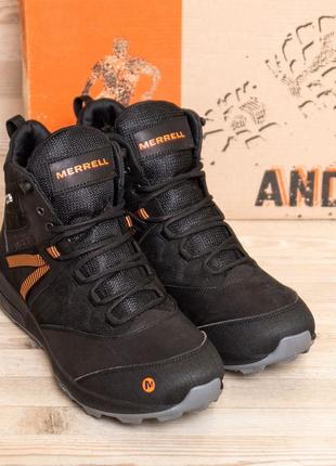 Мужские зимние кожаные ботинки merrell black, сапоги, мужские кроссовки зимние черные, спортивные ботинки10 фото