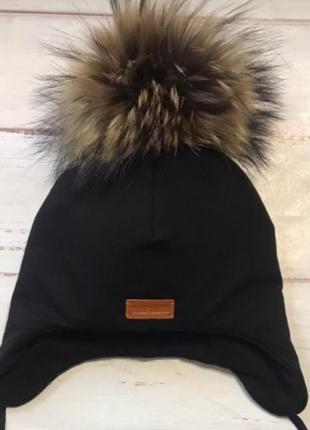 Теплый зимний комплект шапка с натуральным помпоном+хомут