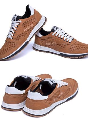 Мужские кожаные летние кроссовки, перфорация reebok, рибок classic brown, туфли, кеды коричневые, летняя обувь