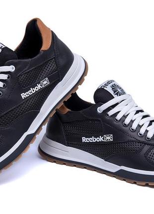 Чоловічі шкіряні літні кросівки, перфорація reebok (рибок) classic black, туфлі, чорні кеди, літнє взуття2 фото
