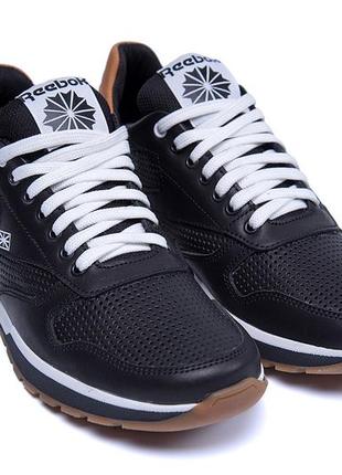 Чоловічі шкіряні літні кросівки, перфорація reebok (рибок) classic black, туфлі, чорні кеди, літнє взуття5 фото