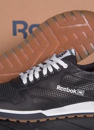 Чоловічі шкіряні літні кросівки, перфорація reebok (рибок) classic black, туфлі, чорні кеди, літнє взуття9 фото