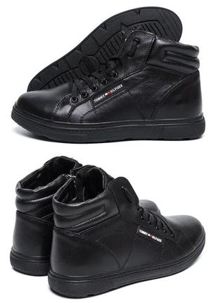 Чоловічі шкіряні зимові черевики tommy hilfiger black, чоботи, кросівки зимові чорні, спортивні черевики