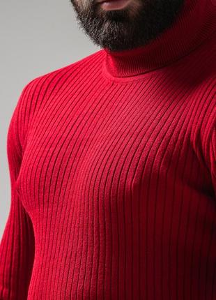 Мужской свитер (гольф) с подворотом горла, теплый вязаный шерстяной гольф под горло осень зима красный5 фото