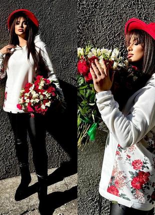 Теплая женская кофта худи с цветами |  большие размеры (батал)4 фото