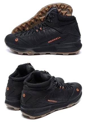 Чоловічі зимові шкіряні черевики merrell black, чоботи, чоловічі кросівки зимові чорні, спортивні черевики
