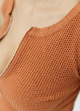 Кофта жіноча на блискавці в рубчик, колір світло-коричневий, 204r0034 фото