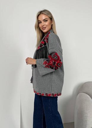 Теплий жакет з вишивкою, кашеміровий жакет без ґудзиків, вишитий жакет з бахромою,...