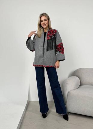 Теплий жакет з вишивкою, кашеміровий жакет без ґудзиків, вишитий жакет з бахромою,...