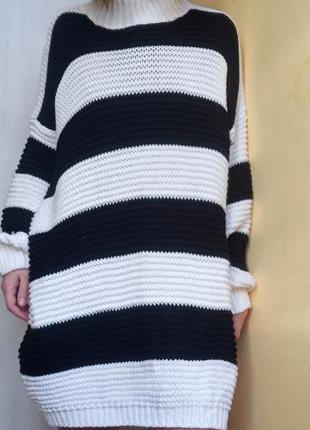 Теплий довгий светр-плаття в смужку оверсайз батал великий розмір