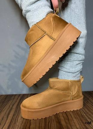 Угги ugg угги замшевые бежевые коричневые теплые невысокие на высокой платформе подошве низкие1 фото